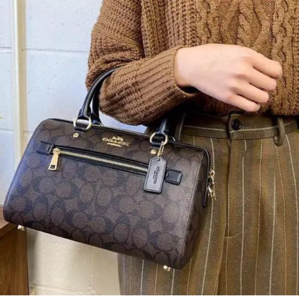 Coach Rowan Signature Canvas & Leather Satchel 2022 #F83607 Black, Brown & Gold - Picture 4 of 16